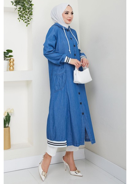 Kapüşonlu Ribanalı Kot Kap Açık Mavi HM2691 fırsatları