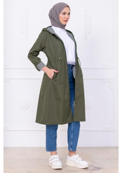 Çizgi Detaylı Trençkot Haki HM2283