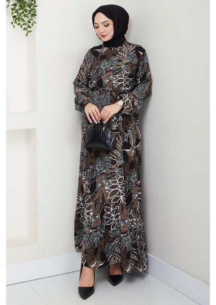 Nare Yaprak Desenli Viskon Elbise Kahverengi HM2682 fiyatları