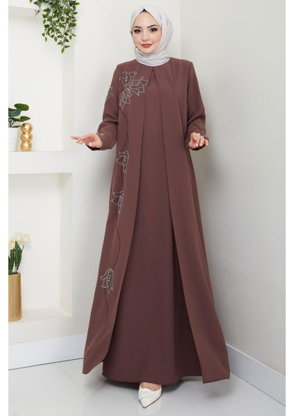 Büyük Beden Lale Taşlı Anne Elbisesi Kahverengi HM2692