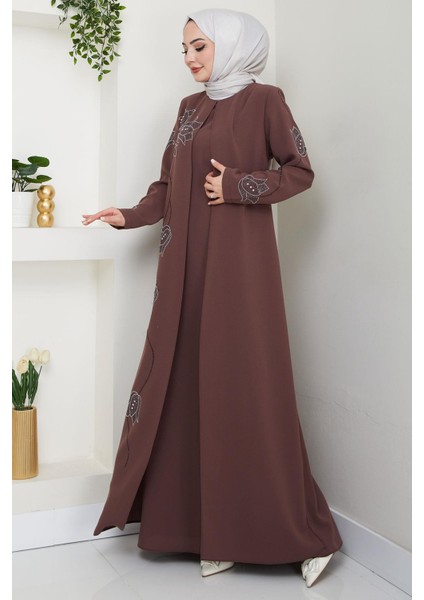 Büyük Beden Lale Taşlı Anne Elbisesi Kahverengi HM2692 modelleri
