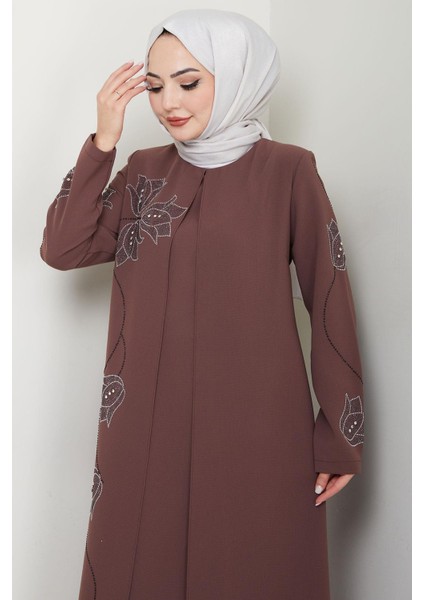 Büyük Beden Lale Taşlı Anne Elbisesi Kahverengi HM2692 fırsatları