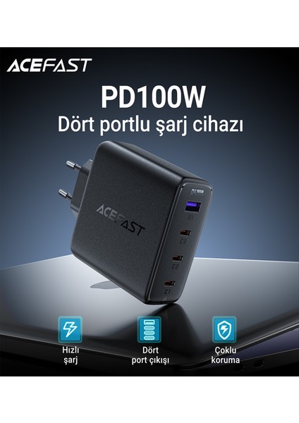 100W PD 3X USB-C + USB-A 4 Port Hızlı Şarj Aleti Isı Düşüren GaN Destekli Akım Korumalı Güç Adaptörü iPhone & Android & iPad & MacBook Type-C - A94 (Acefast Türkiye Garantili)