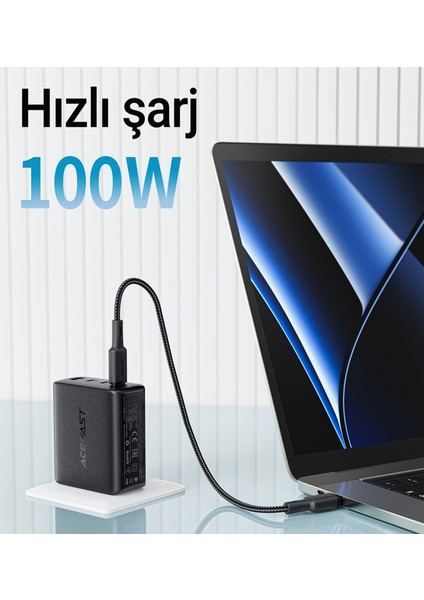 100W PD 3X USB-C + USB-A 4 Port Hızlı Şarj Aleti Isı Düşüren GaN Destekli Akım Korumalı Güç Adaptörü iPhone & Android & iPad & MacBook Type-C - A94 (Acefast Türkiye Garantili)
