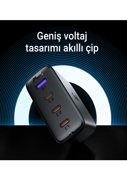 100W PD 3X USB-C + USB-A 4 Port Hızlı Şarj Aleti Isı Düşüren GaN Destekli Akım Korumalı Güç Adaptörü iPhone & Android & iPad & MacBook Type-C - A94 (Acefast Türkiye Garantili)
