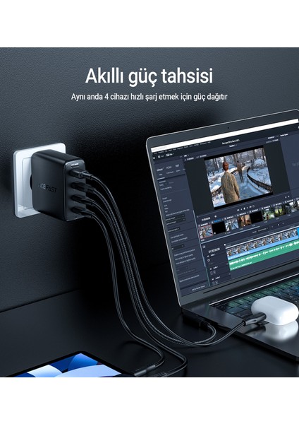 100W PD 3X USB-C + USB-A 4 Port Hızlı Şarj Aleti Isı Düşüren GaN Destekli Akım Korumalı Güç Adaptörü iPhone & Android & iPad & MacBook Type-C - A94 (Acefast Türkiye Garantili)