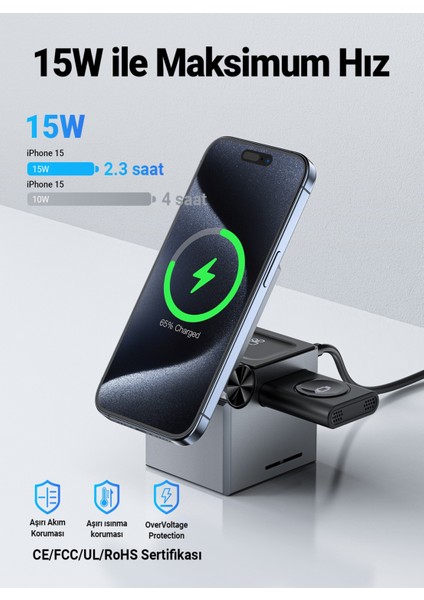 Katlanabilir Kablosuz Masaüstü Hızlı Şarj Standı - 23W Kablosuz Şarj Çıkışlı - Magsafe , Apple Watch ve Airpods Uyumlu - E18 (Acefast Türkiye Garantili)