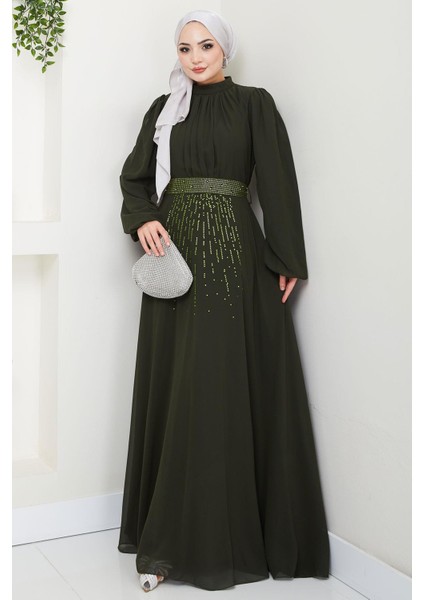 Kuşağı Taşlı Şifon Abiye Elbise Haki HM2668