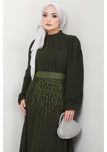 Kuşağı Taşlı Şifon Abiye Elbise Haki HM2668 fiyatları