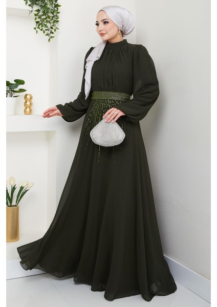Kuşağı Taşlı Şifon Abiye Elbise Haki HM2668 modelleri