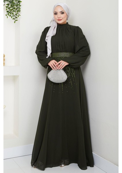 Kuşağı Taşlı Şifon Abiye Elbise Haki HM2668 fırsatları