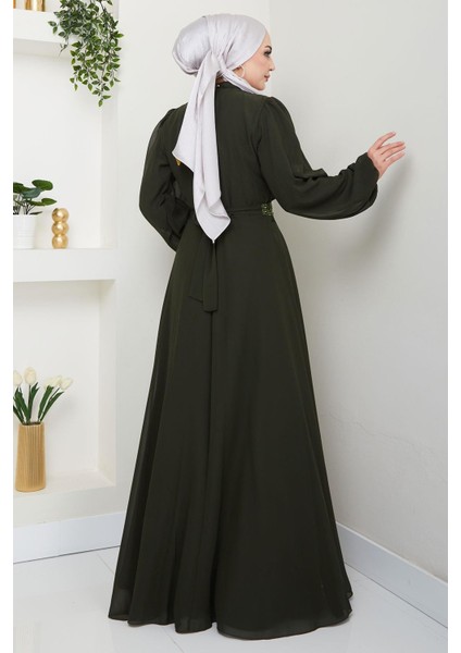 Kuşağı Taşlı Şifon Abiye Elbise Haki HM2668 indirimleri