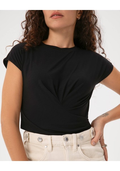 Kadın Siyah Cross Wrap Bluz - Viskoz Karışım, Önden Burgulu, Kısa Kollu, Bisiklet Yaka, Crop Boy Basic fiyatları