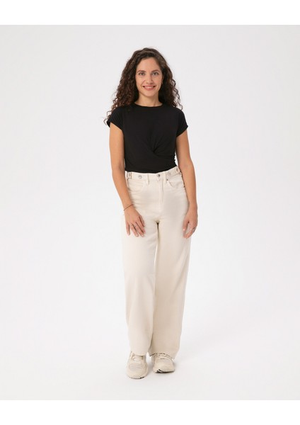 Kadın Siyah Cross Wrap Bluz - Viskoz Karışım, Önden Burgulu, Kısa Kollu, Bisiklet Yaka, Crop Boy Basic fırsatları