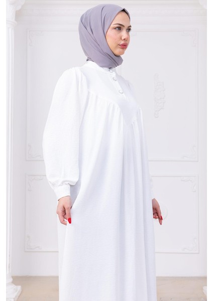 Önü Düğmeli Eva Tesettür Elbise Beyaz HM2757