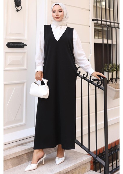 V Yaka Cepli Örme Jile Elbise Siyah HM2754