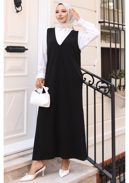 V Yaka Cepli Örme Jile Elbise Siyah HM2754 indirimleri