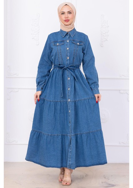 Önü Düğmeli Kuşaklı Kot Elbise HM2764 Açık Mavi