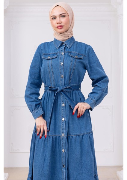 Önü Düğmeli Kuşaklı Kot Elbise HM2764 Açık Mavi fiyatları