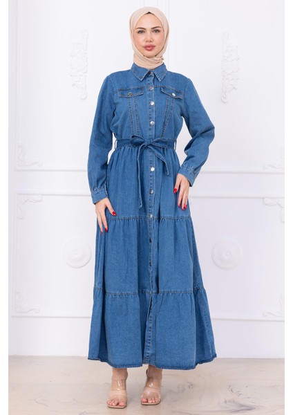 Önü Düğmeli Kuşaklı Kot Elbise HM2764 Açık Mavi modelleri