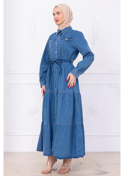 Önü Düğmeli Kuşaklı Kot Elbise HM2764 Açık Mavi fırsatları