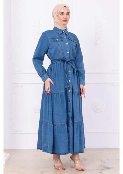 Önü Düğmeli Kuşaklı Kot Elbise HM2764 Açık Mavi indirimleri