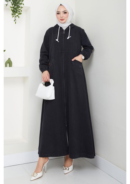 Kapşonlu Kot Ferace Siyah HM2653