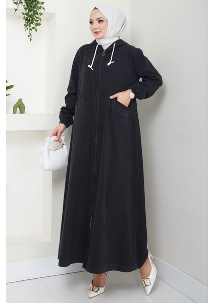Kapşonlu Kot Ferace Siyah HM2653 fiyatları