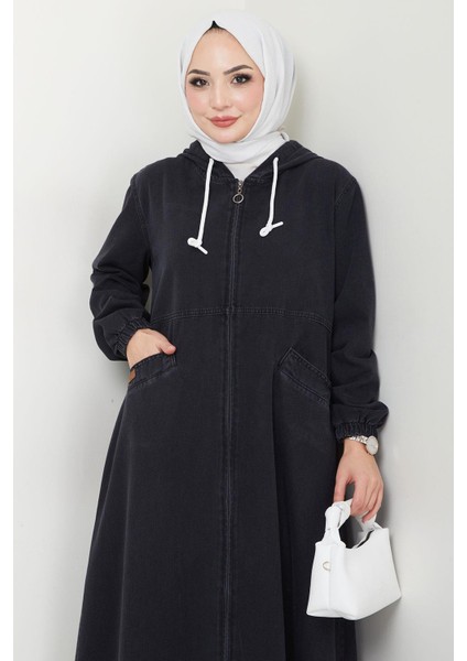Kapşonlu Kot Ferace Siyah HM2653 modelleri