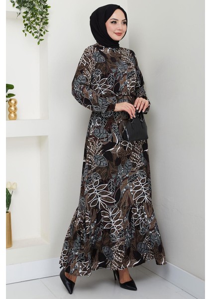 Nare Yaprak Desenli Viskon Elbise Kahverengi HM2682