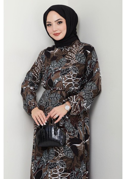 Nare Yaprak Desenli Viskon Elbise Kahverengi HM2682 modelleri