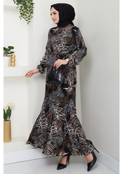Nare Yaprak Desenli Viskon Elbise Kahverengi HM2682 fırsatları