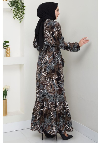 Nare Yaprak Desenli Viskon Elbise Kahverengi HM2682 indirimleri