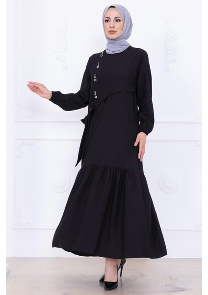 Önü Taş Detaylı Yandan Bağlamalı Tesettür Elbise Siyah HM2760 modelleri