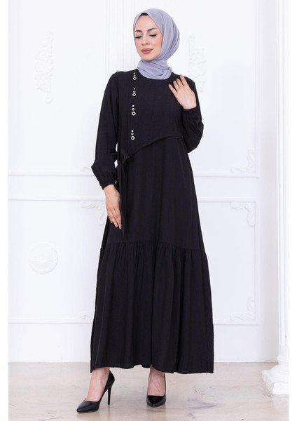 Önü Taş Detaylı Yandan Bağlamalı Tesettür Elbise Siyah HM2760 fırsatları