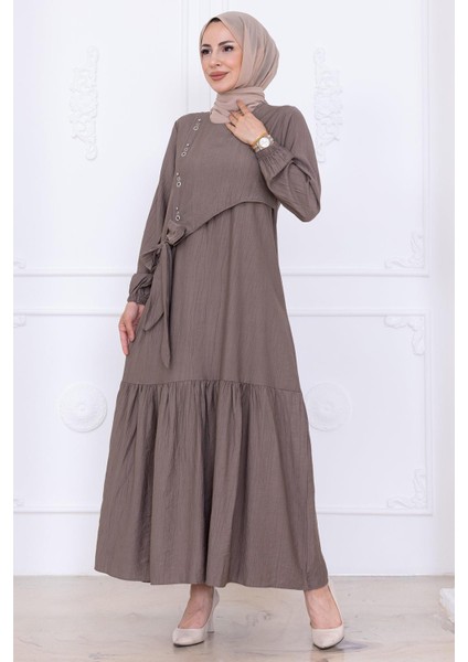 Önü Taş Detaylı Yandan Bağlamalı Tesettür Elbise Vizon HM2760