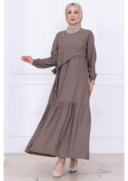 Önü Taş Detaylı Yandan Bağlamalı Tesettür Elbise Vizon HM2760 fiyatları