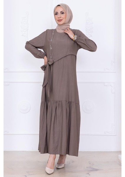 Önü Taş Detaylı Yandan Bağlamalı Tesettür Elbise Vizon HM2760 fırsatları