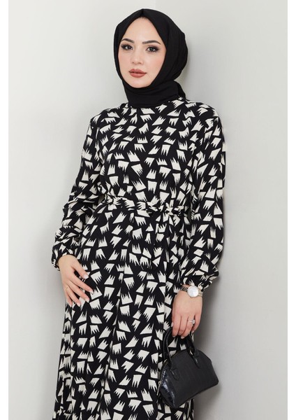 Merve Desenli Yazlık Viskon Elbise Siyah HM2681 fiyatları
