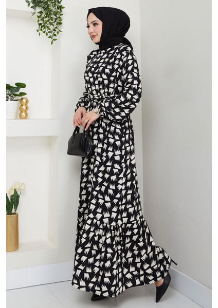 Merve Desenli Yazlık Viskon Elbise Siyah HM2681 modelleri