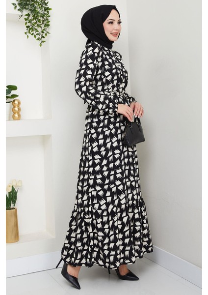 Merve Desenli Yazlık Viskon Elbise Siyah HM2681 fırsatları