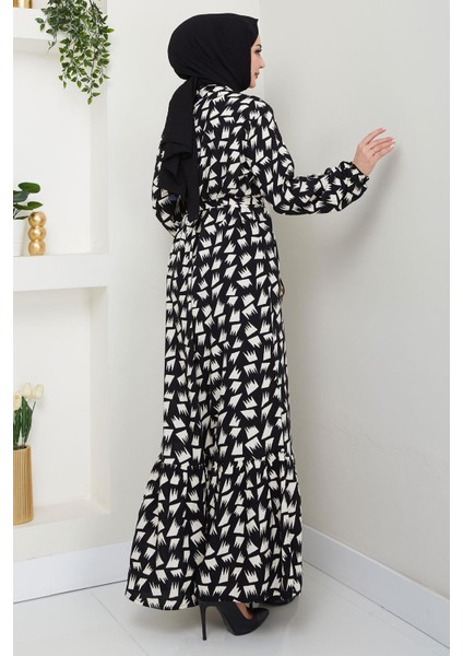 Merve Desenli Yazlık Viskon Elbise Siyah HM2681 indirimleri
