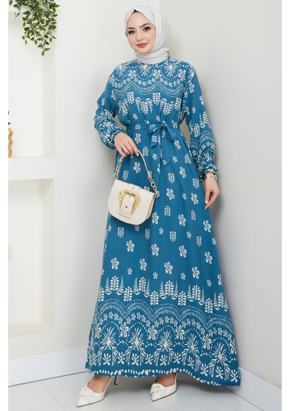 Nevra Desenli Yazlık Viskon Elbise Mavi HM2678