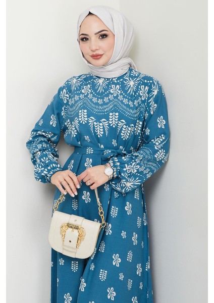 Nevra Desenli Yazlık Viskon Elbise Mavi HM2678 fiyatları