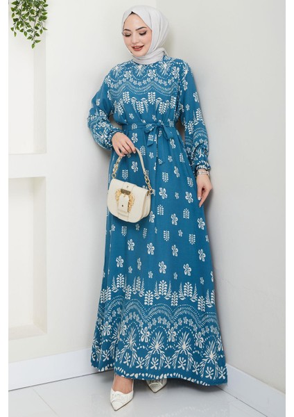 Nevra Desenli Yazlık Viskon Elbise Mavi HM2678 modelleri