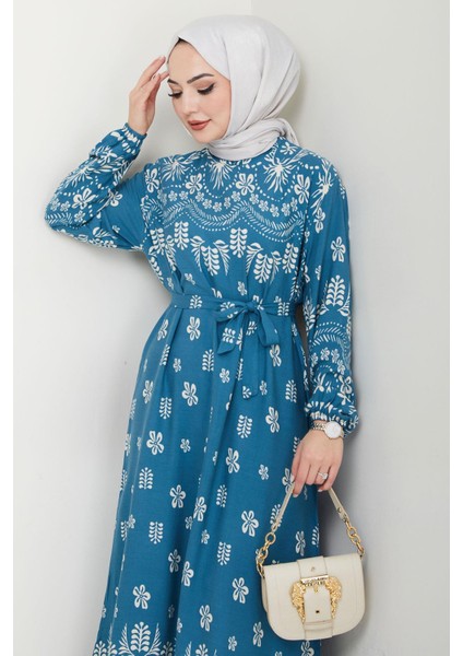 Nevra Desenli Yazlık Viskon Elbise Mavi HM2678 fırsatları