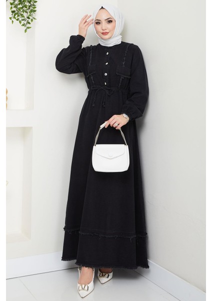 Eteği Püsküllü Düğmeli Bağlamalı Kot Elbise Siyah HM2673