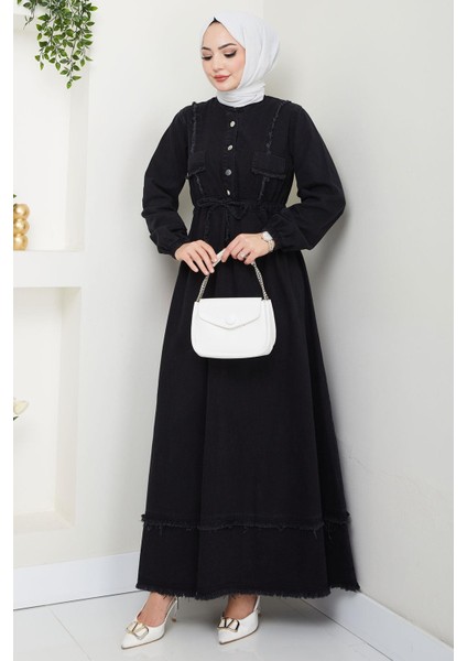 Eteği Püsküllü Düğmeli Bağlamalı Kot Elbise Siyah HM2673 fiyatları