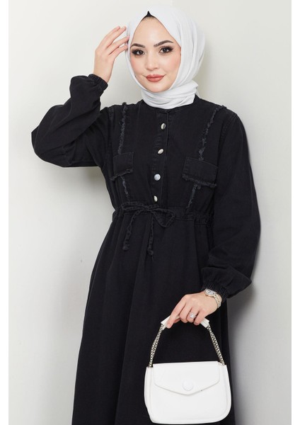 Eteği Püsküllü Düğmeli Bağlamalı Kot Elbise Siyah HM2673 modelleri