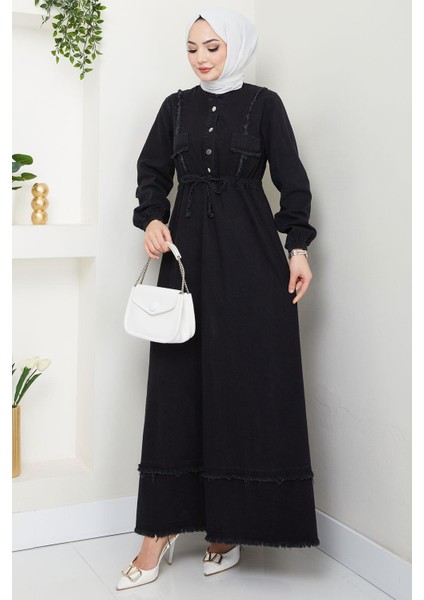 Eteği Püsküllü Düğmeli Bağlamalı Kot Elbise Siyah HM2673 fırsatları